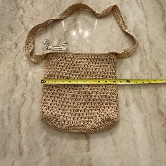 The Sak Tan Crochet Shoulder Bag With Leather Tassel Accent Boho Chic Style - Picture 6 of 7
